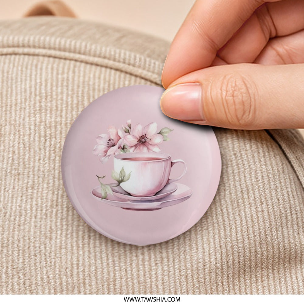 Pink Tea Cup Pinback Button, Floral Accent Pin Button, Tea Party Favor Button, Cute Pin, Gift Idea, Aesthetic Button, Elegant Design - Tawshia