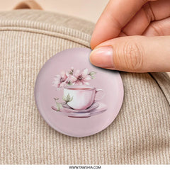 Pink Tea Cup Pinback Button, Floral Accent Pin Button, Tea Party Favor Button, Cute Pin, Gift Idea, Aesthetic Button, Elegant Design - Tawshia