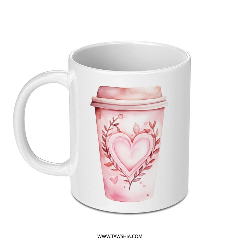 Pink Coffee Cup Mug, Heart Mug, Floral Design Mug, Love Coffee Mug, Valentine's Day Mug, Gift for Her, Everyday Mug - Tawshia