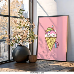 Cute Ice Cream Unicorn Wall Art, Kawaii Unicorn Print, Whimsical Kids Room Decor, Sweet Treats Art, Pastel Nursery Art, Unique Unicorn Gift - Tawshia