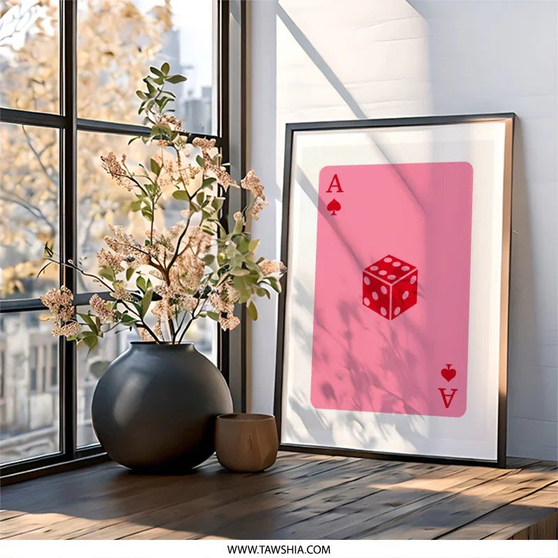 Ace of Spades Dice Wall Art, Pink Card Art Print, Minimalist Gaming Decor, Casino Theme Art, Luck Wall Decor, Game Room Art, Home Decor - Tawshia