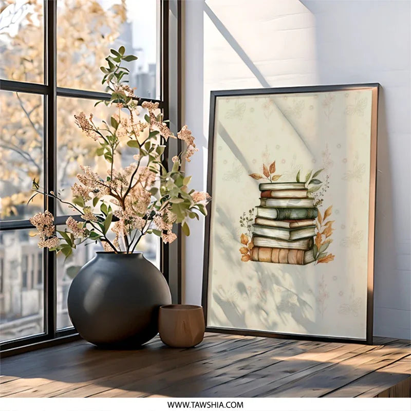 Book Lover Wall Art, Stacked Books Art, Floral Book Print, Reading Room Decor, Library Art Print, Literary Gift, Bookish Wall Decor - Tawshia