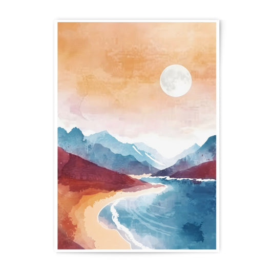 Watercolor Moonscape Photographic Print, Coastal Mountain Art, Beach Scenery Wall Decor, Landscape Painting Print, Peaceful Home Art - Tawshia
