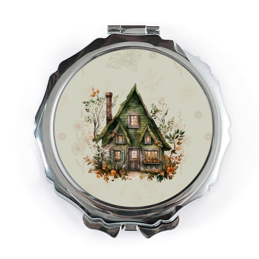 Cottagecore Pocket Mirror, Witchy House Illustration, Floral Compact Mirror, Green Home, Portable Makeup Mirror, Gift for Her - Tawshia