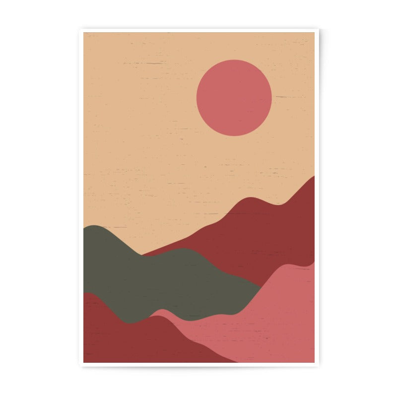 Abstract Sunset Landscape Photographic Print, Minimalist Art Print, Modern Wall Art, Boho Decor, Red Sun, Mountain Range - Tawshia