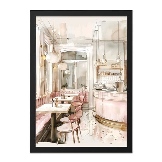 Pink Cafe Framed Wall Art, Watercolor Painting Print, Restaurant Decor, Cozy Bistro Artwork, Modern Art, Kitchen Art, Dining Room Art - Tawshia