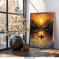 Golden Lake Wall Art, Sunset Landscape Art, Boat Painting Artwork, Serene Water Reflection Art, Nature Lover Gift Wall Decor - Tawshia