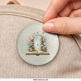 Floral Book Door Pinback Button, Spring Flowers Button, Book Lover Gift, Whimsical Button, Unique Button, Cute Badge, Backpack Button - Tawshia