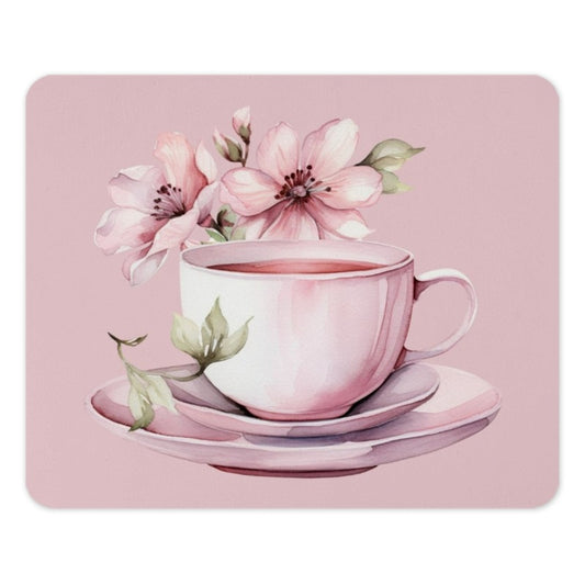 Pink Tea Cup Mouse Pad, Floral Design, Watercolor Flowers, Elegant Desk Accessory, Cute Mousepad, Office Decor, Unique Gift Idea - Tawshia
