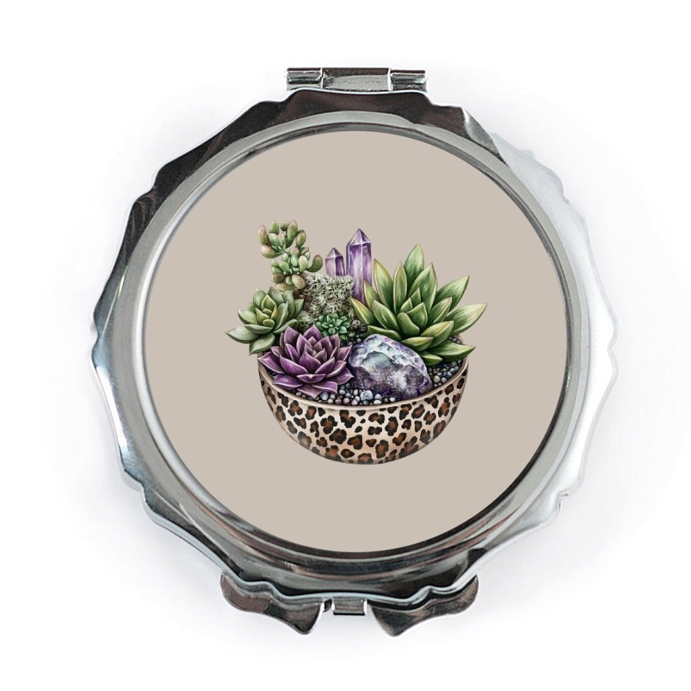 Succulent Crystal Pocket Mirror, Leopard Print Bowl, Boho Makeup Mirror, Compact Mirror for Purse, Plant Lover Gift, Portable Mirror - Tawshia