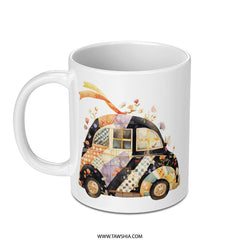 Whimsical Patchwork Car Mug, Cute Vehicle Lover Gift, Unique Novelty Coffee Mug, Floral Automotive Design - Tawshia