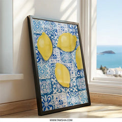 Lemon Wall Art, Kitchen Decor, Tile Background, Citrus Print, Summer Decor, Fruit Wall Decor, Mediterranean Art, Blue and Yellow Wall Art - Tawshia