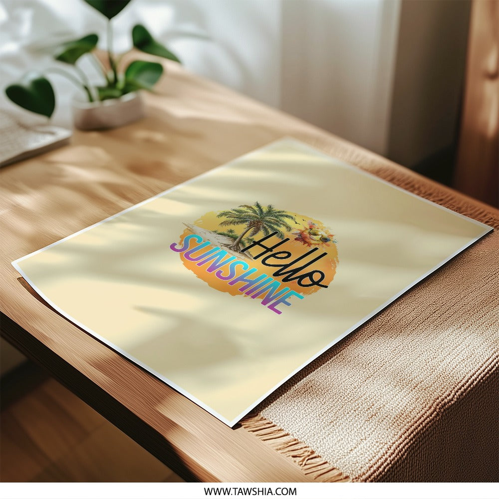 Hello Sunshine Photographic Print, Beachy Summer Vibes, Tropical Palm Tree Art, Wall Decor, Positive Quote, Sunny Graphic Design, Gift Idea - Tawshia