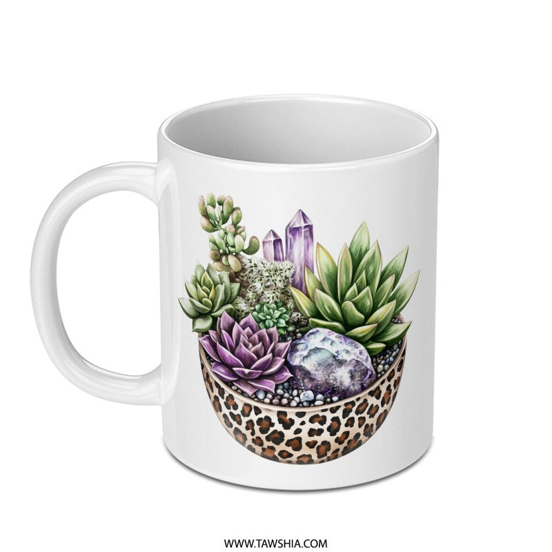 Succulent Mug, Crystal Mug, Leopard Print, Plant Lover Gift, Unique Mug, Office Mug, Coffee Mug, Tea Mug, Gift For Her, Boho Mug - Tawshia