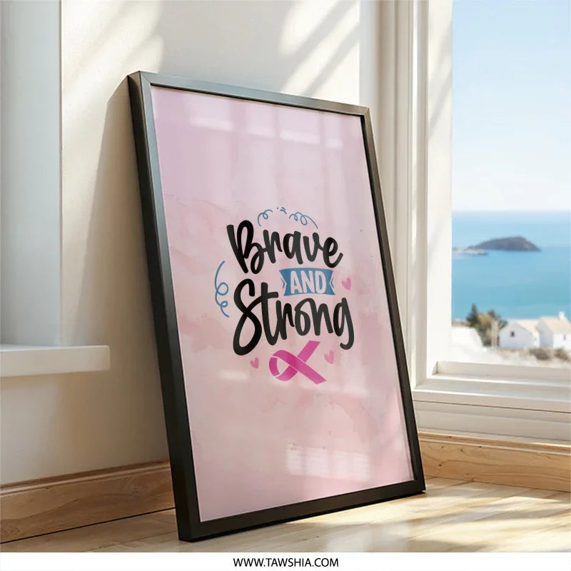 Brave and Strong Framed Art, Cancer Awareness Decor, Inspirational Pink Ribbon Wall Art, Motivational Quote Print, Survivor Gift - Tawshia