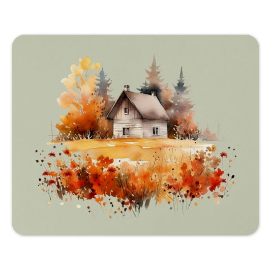 Autumn Cottage MousePad, Watercolor Landscape, Cozy Home Decor, Fall Colors, Rustic Chic Mouse Pad, Cabin in Woods, Nature Lover Gift - Tawshia
