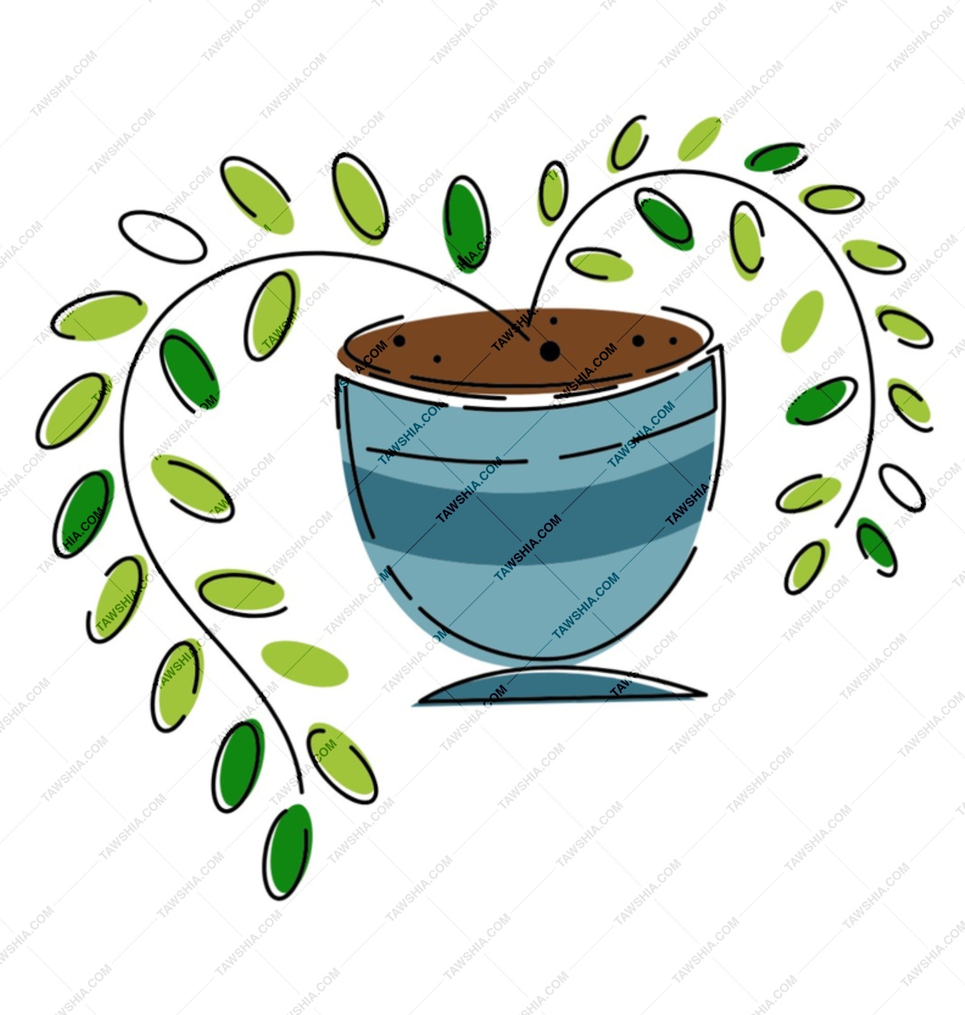 Blue Bowl Plant Mug, Ceramic Coffee Cup, Green Leaves Gift, Nature Lover Drinkware, Cute Kitchen Decor, Unique Tea Mug, Minimalist Design - Tawshia