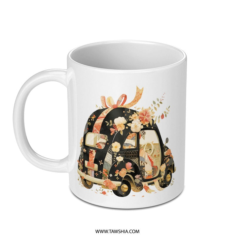 Floral Car Mug, Cute Vehicle Mug, Artistic Automotive Coffee Mug, Decorative Flower Mug, Car Lover Gift Idea, Quirky Graphic Mug - Tawshia