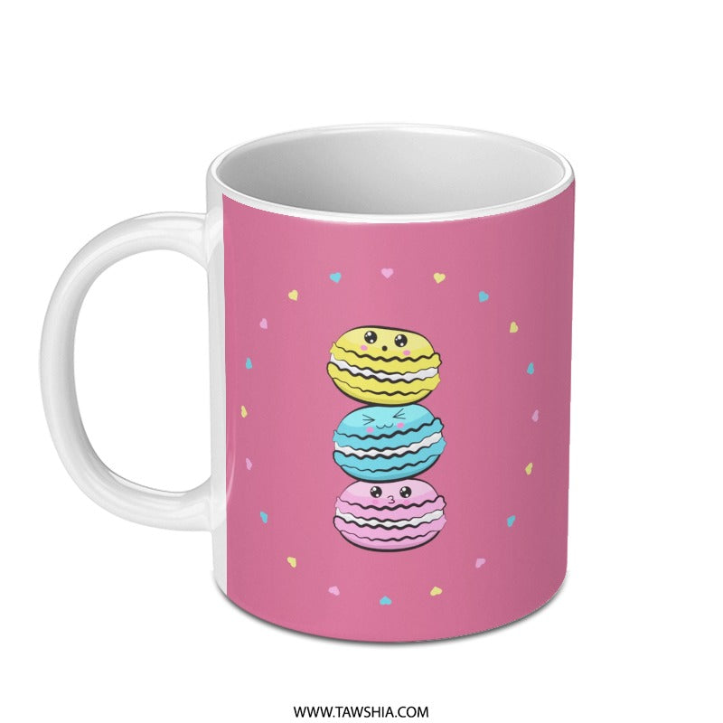 Kawaii Macaron Mug, Cute Food Mug, Pastel Mug, Pink Coffee Mug, Dessert Lover Gift, Colorful Mug, Stacked Macarons, Unique Mug Design - Tawshia