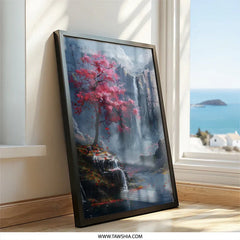 Pink Blossom Tree Wall Art, Waterfall Landscape Print, Nature Scenery Poster, Fantasy Mountain Painting, Serene Home Decor, Peaceful Wall - Tawshia