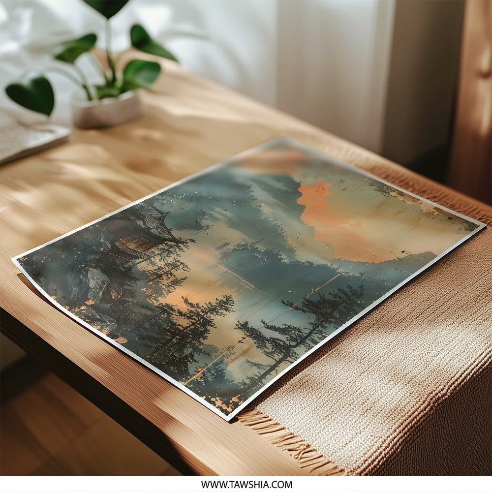 Asian Landscape Photographic Print, Mountain Sunset Art, Japanese Temple Photo, Misty Lake Decor, Zen Wall Art, Nature Photography - Tawshia