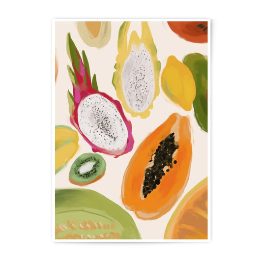 Exotic Fruits Photographic Print, Tropical Food Art, Dragon Fruit Decor, Papaya Kitchen, Kiwi Wall Art, Modern Fruit Still Life - Tawshia