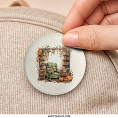 Autumn Reading Nook Pinback Button, Cozy Fall Bookshelf Button, Pumpkin Patch Pin, Literary Gift Idea, Book Lover Accessories - Tawshia