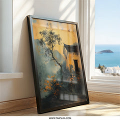 Asian Landscape Wall Art, Old House Painting, Mountain Scenery Print, Tranquil Home Decor, Peaceful Wall Art - Tawshia