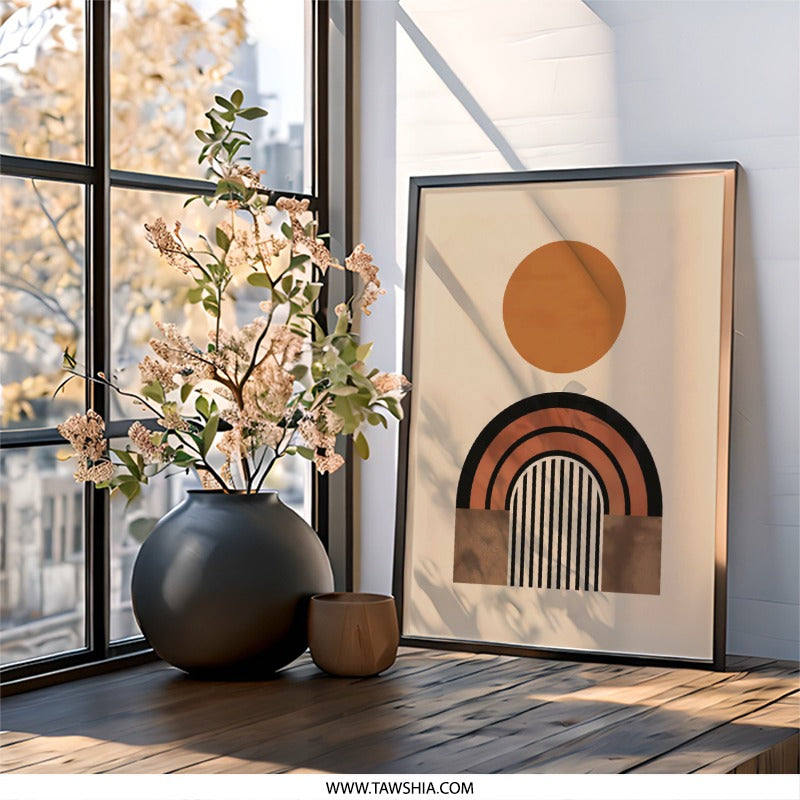 Abstract Geometric Wall Art, Boho Sun Rainbow Print, Minimalist Home Decor, Neutral Tone Art, Modern Art Poster, Framed Wall Decor - Tawshia