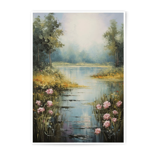 Tranquil Lake Photographic Print, Floral Pond Art, Serene Landscape Photo, Calm Waters Print, Nature Photography, Pink Flowers - Tawshia