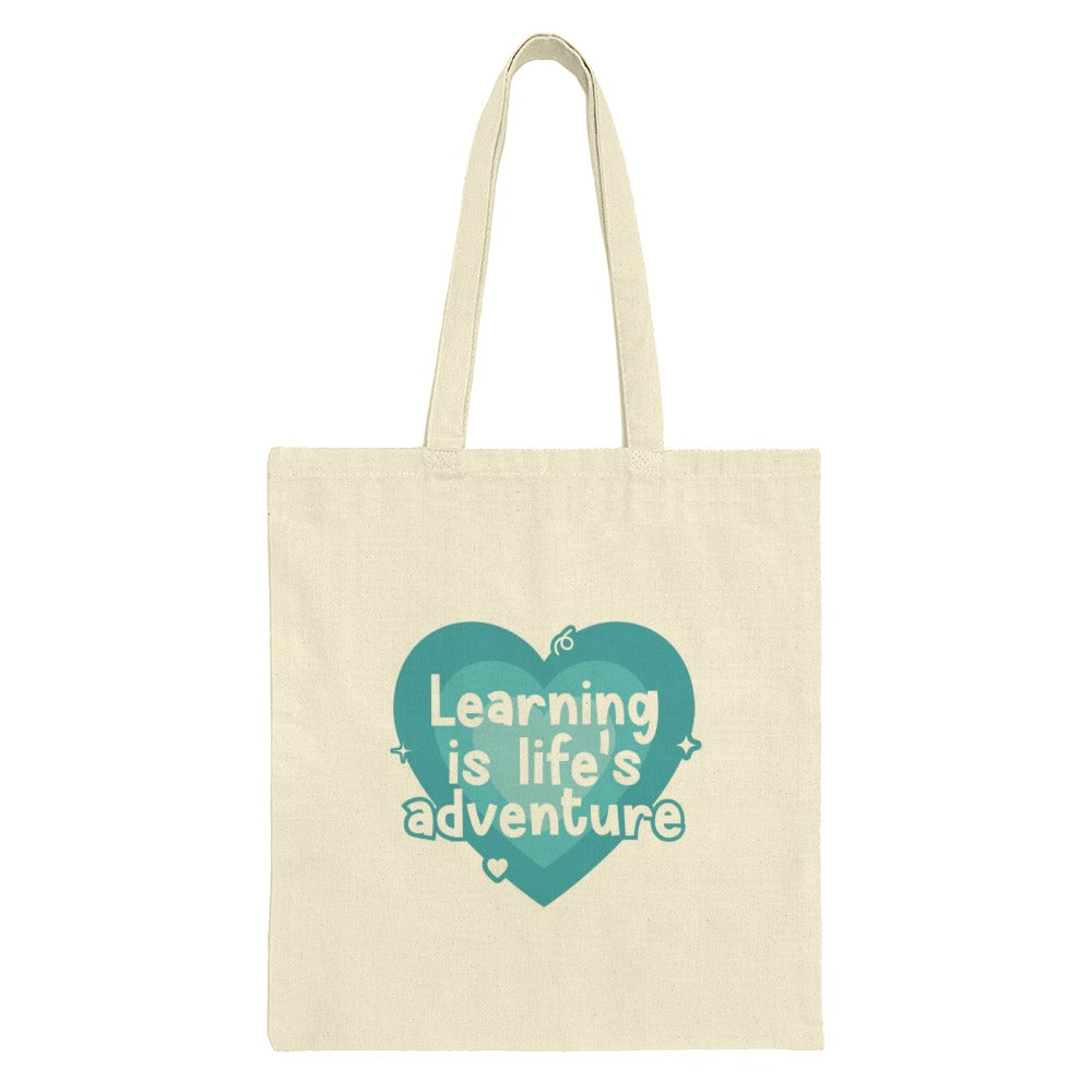 Learning is Life's Adventure Tote Bag, Book Lover, Student Bag, Teacher Gift, Inspirational Quote Canvas Tote, Gift for Her, Gift for Him - Tawshia