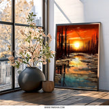 Sunset Reflection Wall Art, Landscape Painting Print, Dramatic Sky Artwork, Forest Scene Decor, Nature Inspired Wall Decor - Tawshia
