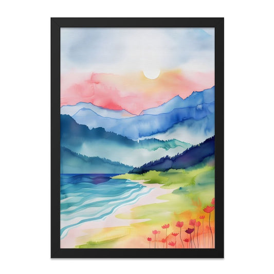 Watercolor Seascape Wall Art, Mountain Beach Painting, Sunset Landscape Art Print, Coastal Home Decor, Serene Artwork, Calming Wall Art - Tawshia