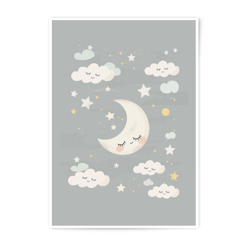 Moon and Stars Photographic Print, Nursery Wall Art, Kids Room Decor, Sleepy Moon Print, Baby Shower Gift, Celestial Art Print - Tawshia