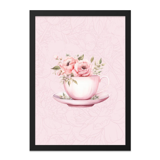 Pink Teacup Wall Art, Floral Decor, Flower Teacup Art, Kitchen Wall Decor, Feminine Art Print, Watercolor Floral Print - Tawshia