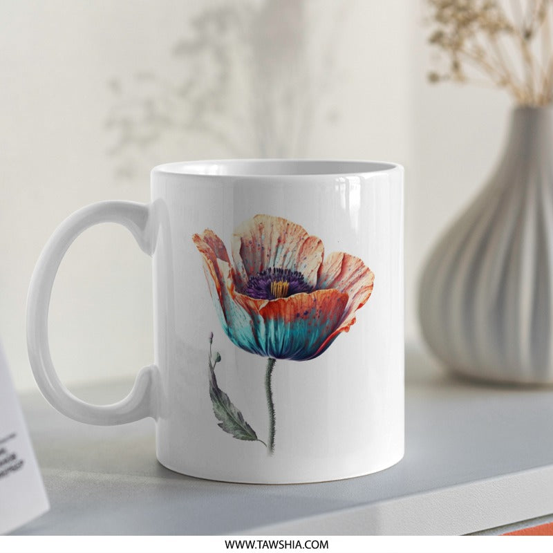 Colorful Floral Mug, Poppy Flower Cup, Watercolor Art, Unique Gift, Tea Coffee Mug, Pretty Mug - Tawshia