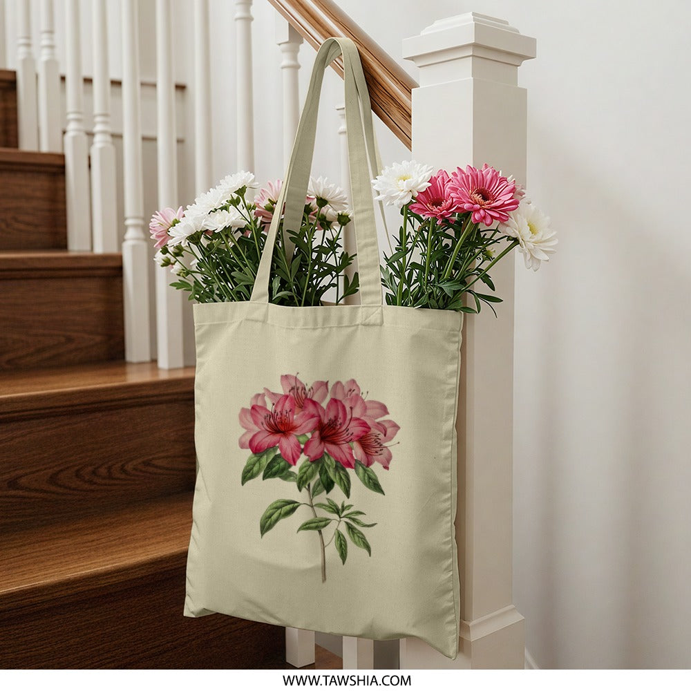 Floral Tote Bag, Pink Azalea Flowers, Botanical Illustration, Elegant Tote, Stylish Bag, Everyday Tote, Shoulder Bag, Gift for Her - Tawshia