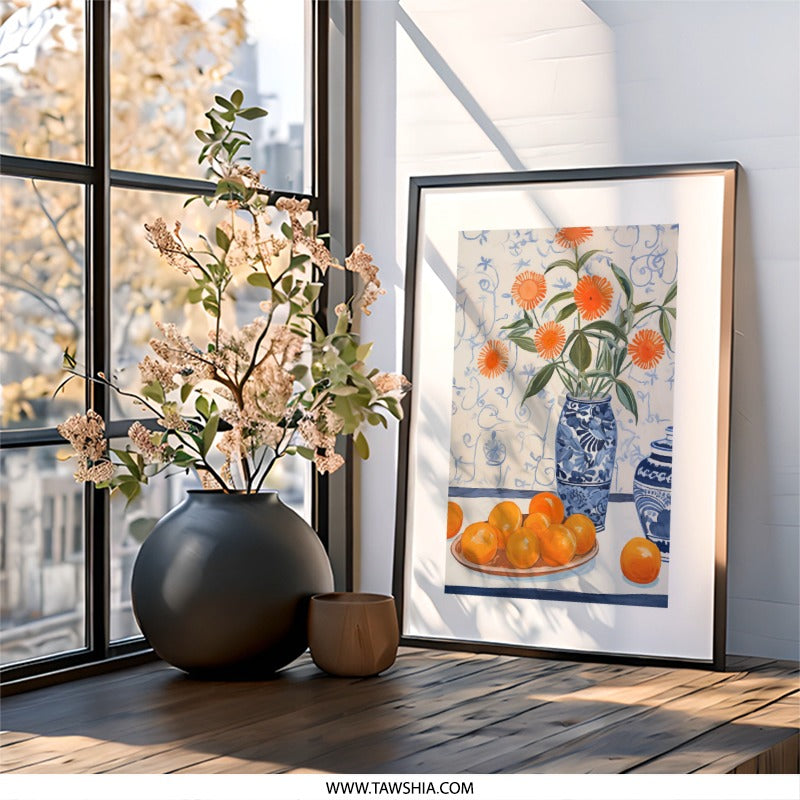 Orange Floral Still Life Wall Art, Vase of Flowers Print, Citrus Fruit Art, Kitchen Wall Decor, Contemporary Art Print - Tawshia