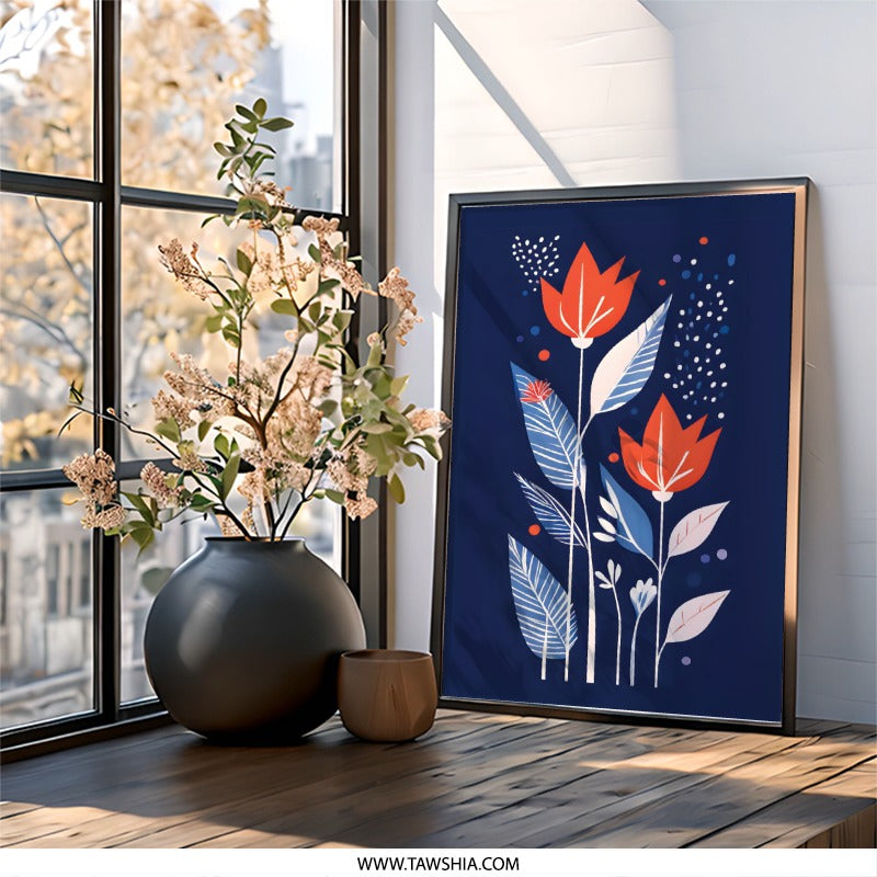 Modern Floral Art, Abstract Flower Wall Art, Contemporary Art Print, Botanical Wall Decor, Red Tulip Painting, Blue Wall Art, Home Decor - Tawshia