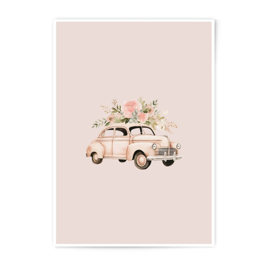Floral Car Photographic Prints, Vintage Vehicle Art, Watercolor Illustration, Pink Automobile, Botanical Decor, Wall Art - Tawshia