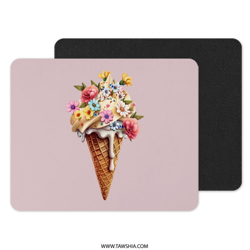 Floral Ice Cream Cone Mouse Pad, Cute Desk Accessory, Pastel Aesthetic, Trendy Computer Mat, Girl Gift, Whimsical Mousepad, Office Decor - Tawshia