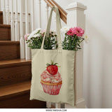 Strawberry Cupcake Tote Bag, Sweet Treat Design, Watercolor Style, Food Lover Gift, Baking Theme, Stylish Bag - Tawshia