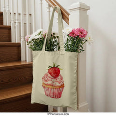 Strawberry Cupcake Tote Bag, Sweet Treat Design, Watercolor Style, Food Lover Gift, Baking Theme, Stylish Bag - Tawshia