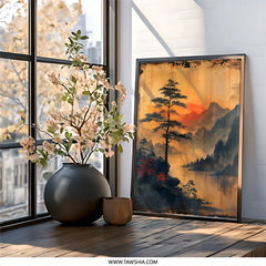 Japanese Pine Tree, Landscape Wall Art, Mountain Sunrise Art, Nature Print, Calm Scenery Painting, Zen Decor, Asian Inspired Artwork - Tawshia