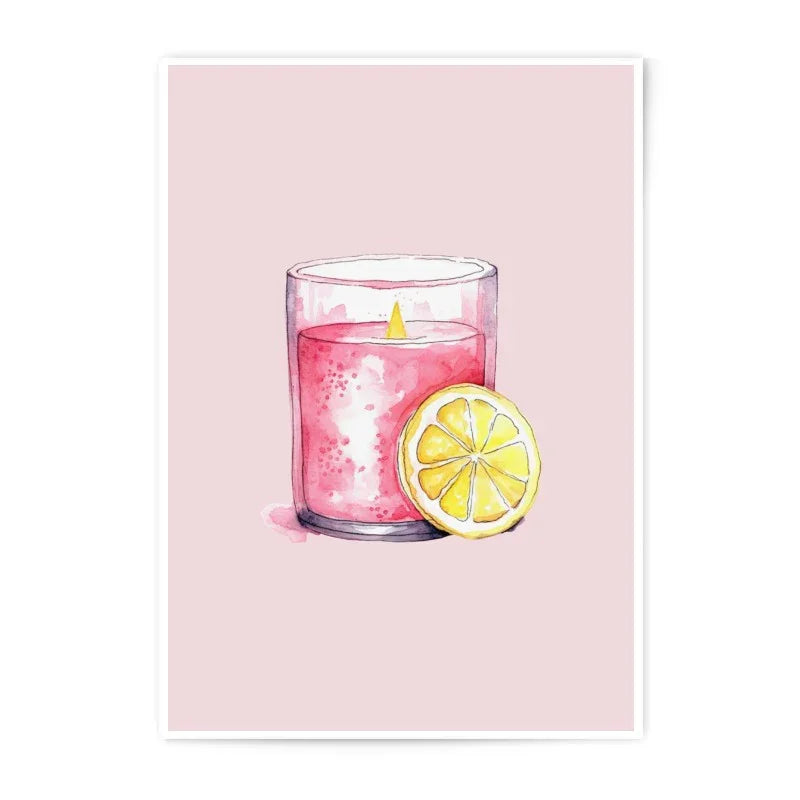 Pink Candle Print, Lemon Slice Art, Kitchen Photographic Prints, Cute Home Decor, Watercolor Candle Art, Still Life Wall Art - Tawshia