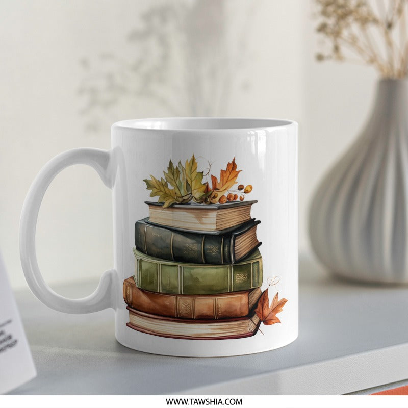 Fall Reading Mug, Book Lover Gift, Autumn Decor Coffee Mug, Cozy Season Drinkware, Stacked Books and Leaves Mug, Literary Gifts - Tawshia