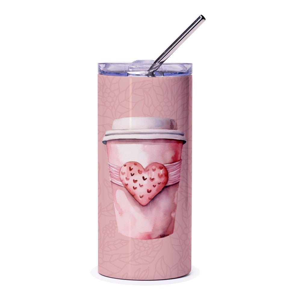 Coffee Cup Heart Tumbler, Pink Floral Tumbler, Valentine's Tumbler, Gift for Her, Love Tumbler, Cute Tumbler - Tawshia