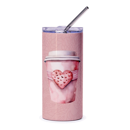 Coffee Cup Heart Tumbler, Pink Floral Tumbler, Valentine's Tumbler, Gift for Her, Love Tumbler, Cute Tumbler - Tawshia