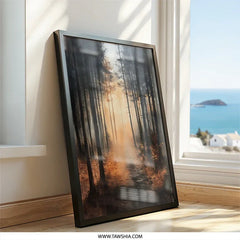 Forest Wall Art, Atmospheric Print, Nature Scene, Woodland Decor, Tranquil Art, Landscape Painting, Pine Trees Artwork, Golden Light - Tawshia