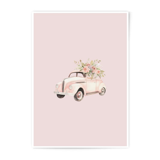 Pink Car Photographic Prints, Vintage Auto Art, Watercolor Car with Flowers, Elegant Wall Decor, Feminine Art Prints - Tawshia